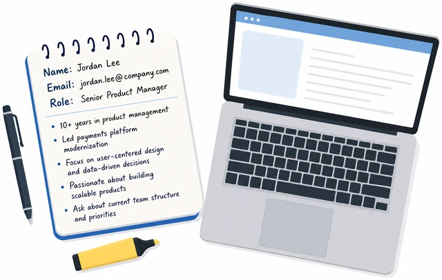Illustration: notepad with interviewer name email role title and interview notes beside a laptop
