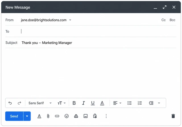 Illustration: new email draft with professional from-address and thank-you subject line naming the role