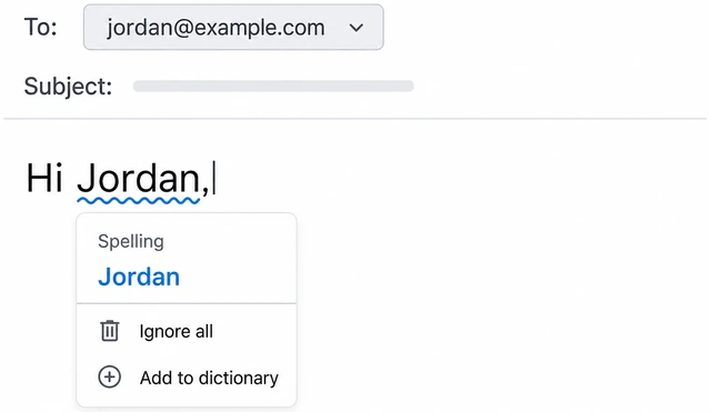 Illustration: email greeting line Hi FirstName or Dear Ms LastName correctly spelled