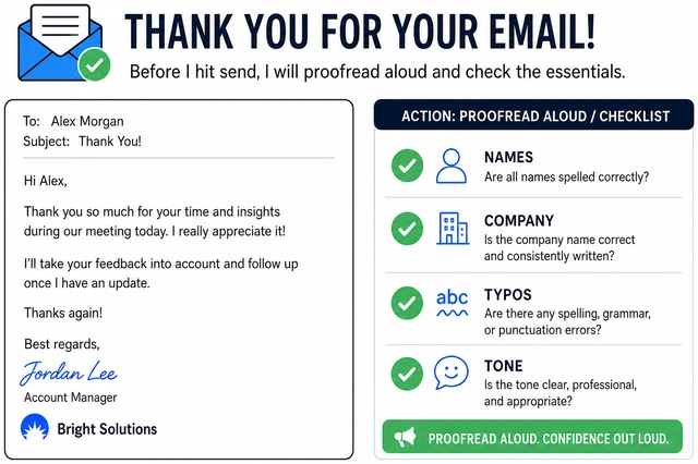 Illustration: proofreading thank-you email checklist for names company and typos